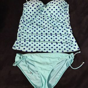 Teal and navy polka dot tankini